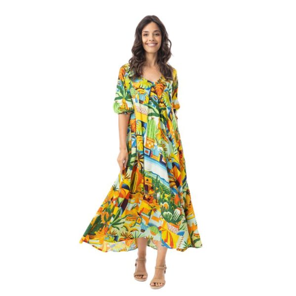 Orientique midimittainen mekko, v-pääntie, lyhyet hihat, printti