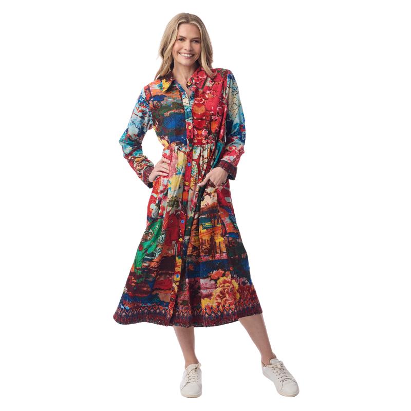 Orientique samettimekko Boho Art, 100% puuvillainen napitettava midi-mekko, punakirjava