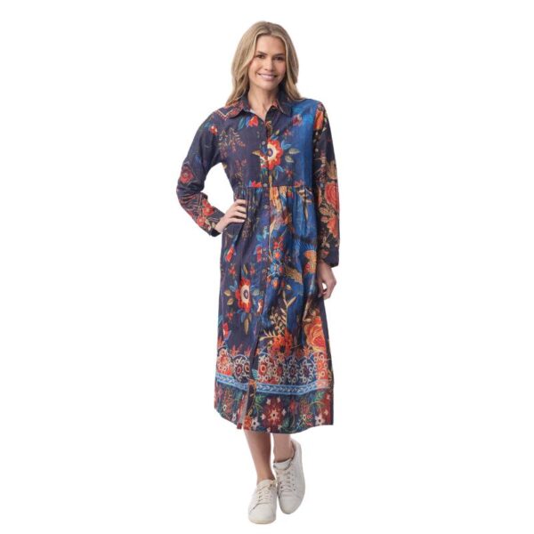 Orientique Blue Boho -puuvillamekko, sinikirjava napitettava midi